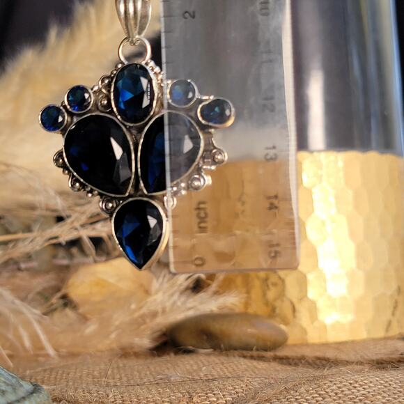 Deep Blue Sapphire and Sterling Silver Cross Pendant – Regal Elegance - Picture 2 of 10